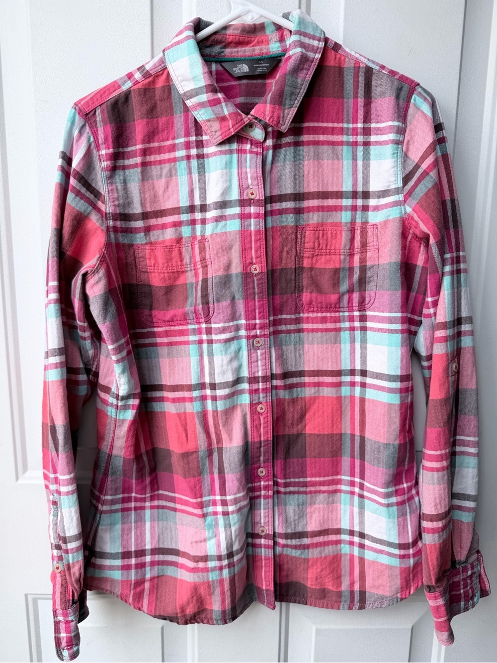 The North Face Women’s Plaid Flannel Button Down Shirt Pink Teal Size L